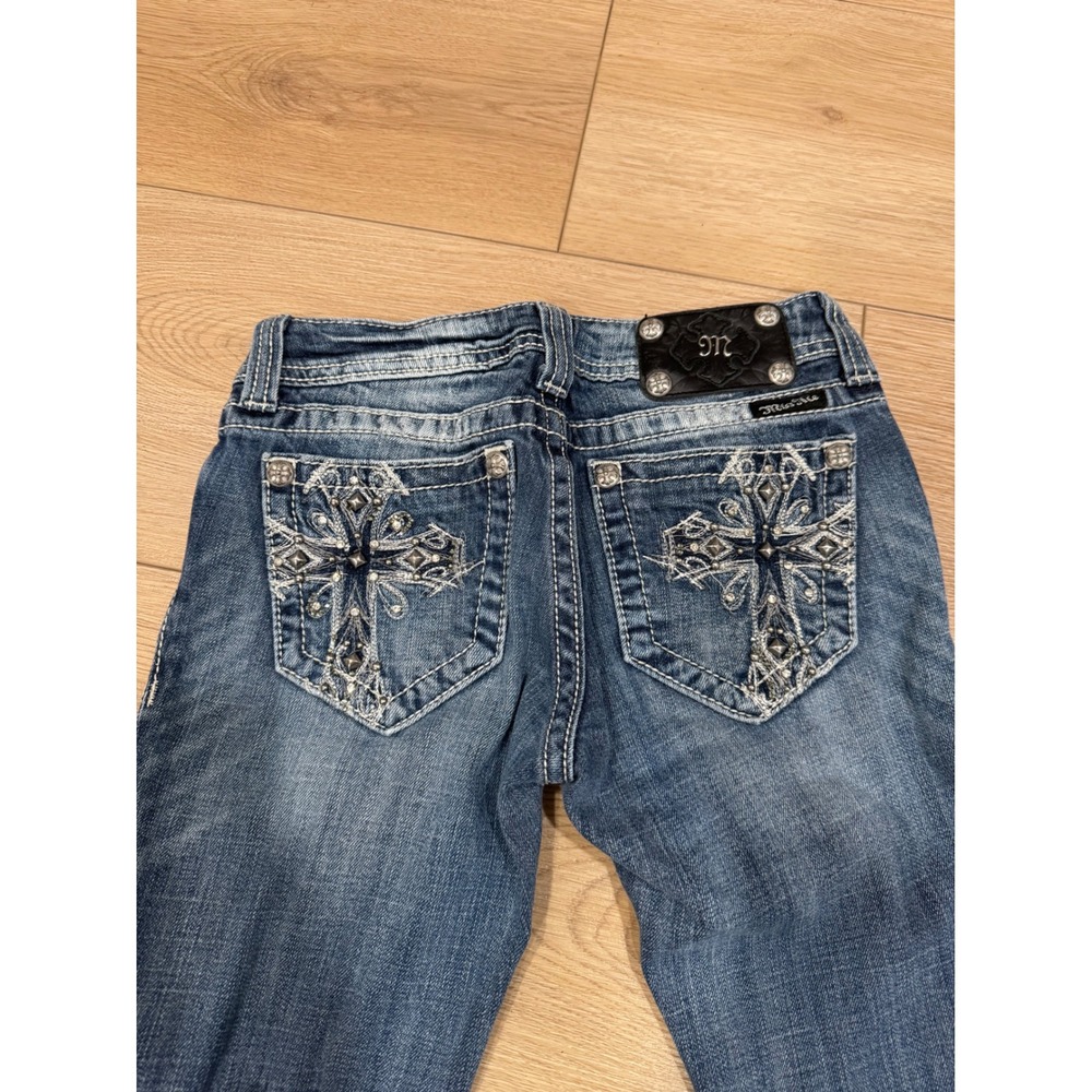 Miss Me JP5045-4 Embellished Cross Bootcut Jeans Blue Rhinestone Studded Sz 26